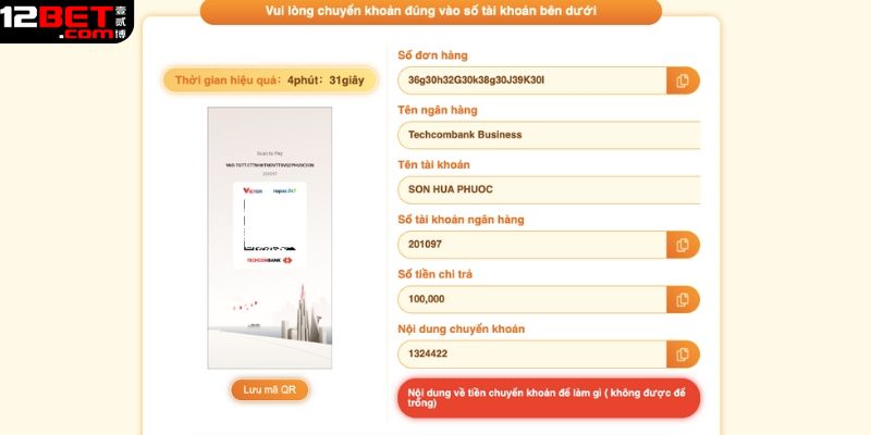 Chi tiết các bước nạp tiền 12Bet qua mã QR
